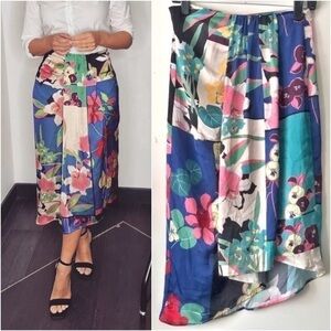 Zara Tropical Botanical Patchwork Print Midi Skirt Asymmetrical Euro Summer Sz M